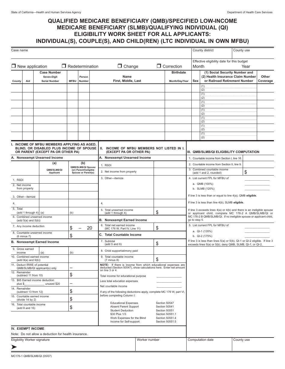 Form MC176-1 QMB / SLMB / QI Qualified Medicare Beneficiary (Qmb) / Specified Low-Income Medicare Beneficiary (Slmb) / Qualifying Individual (Qi) Eligibility Work Sheet for All Applicants: Individual(S), Couple(S), and Child(Ren) (Ltc Individual in Own Mfbu) - California, Page 1