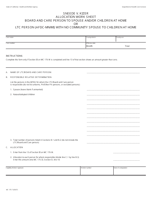 Form MC175-7 Sneede V. Kizer Allocation Work Sheet Board and Care Person to Spouse and/or Children at Home or Ltc Person (AFDC-Mn/Mi) With No Community Spouse to Children at Home - California