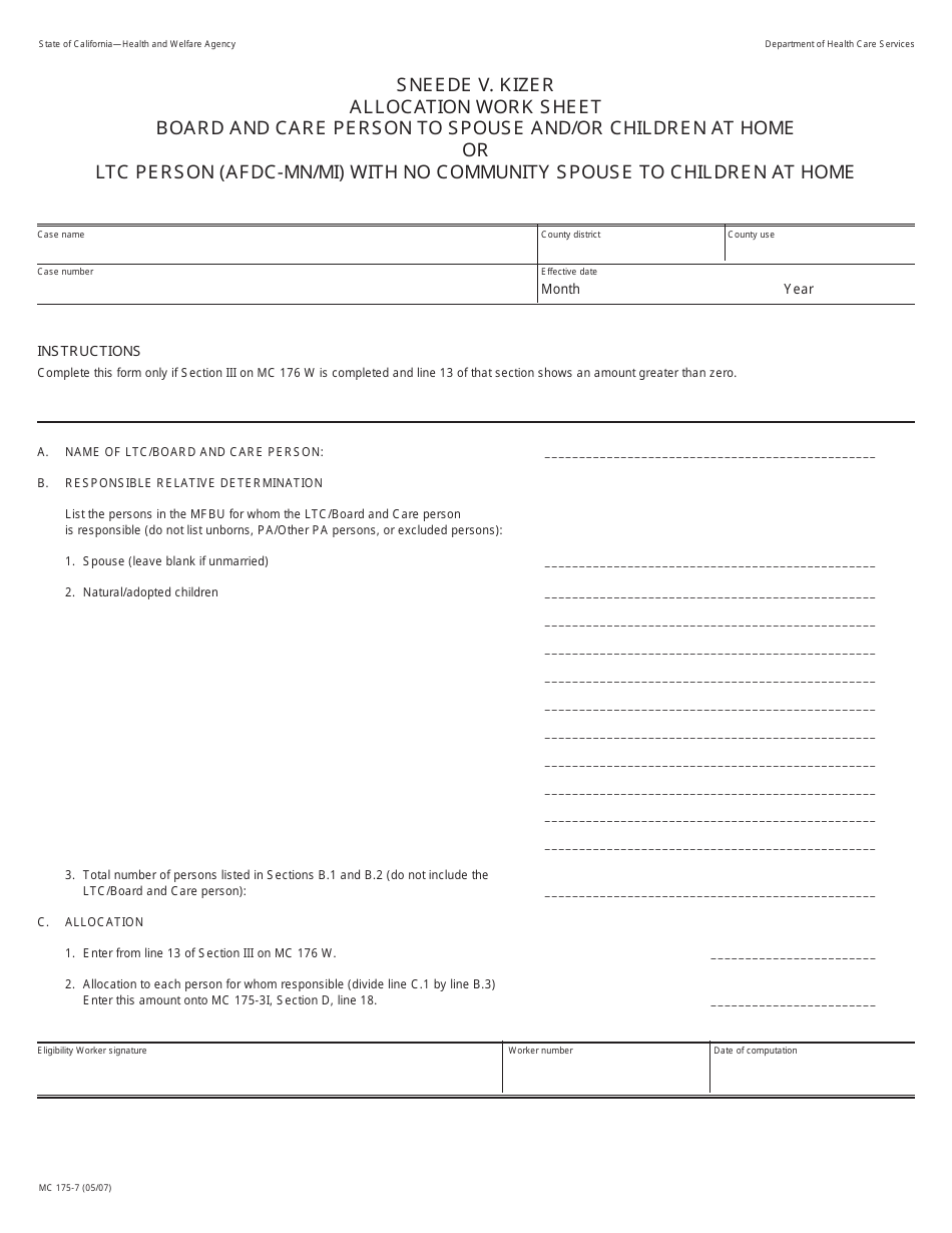 Form MC175-7 Sneede V. Kizer Allocation Work Sheet Board and Care Person to Spouse and / or Children at Home or Ltc Person (AFDC-Mn / Mi) With No Community Spouse to Children at Home - California, Page 1