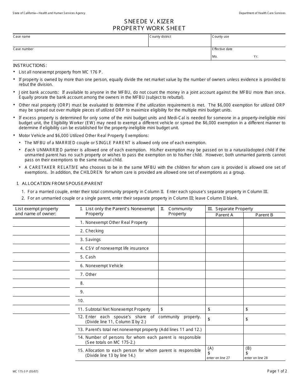Form MC175-3 P Sneede V. Kizer Property Work Sheet - California, Page 1