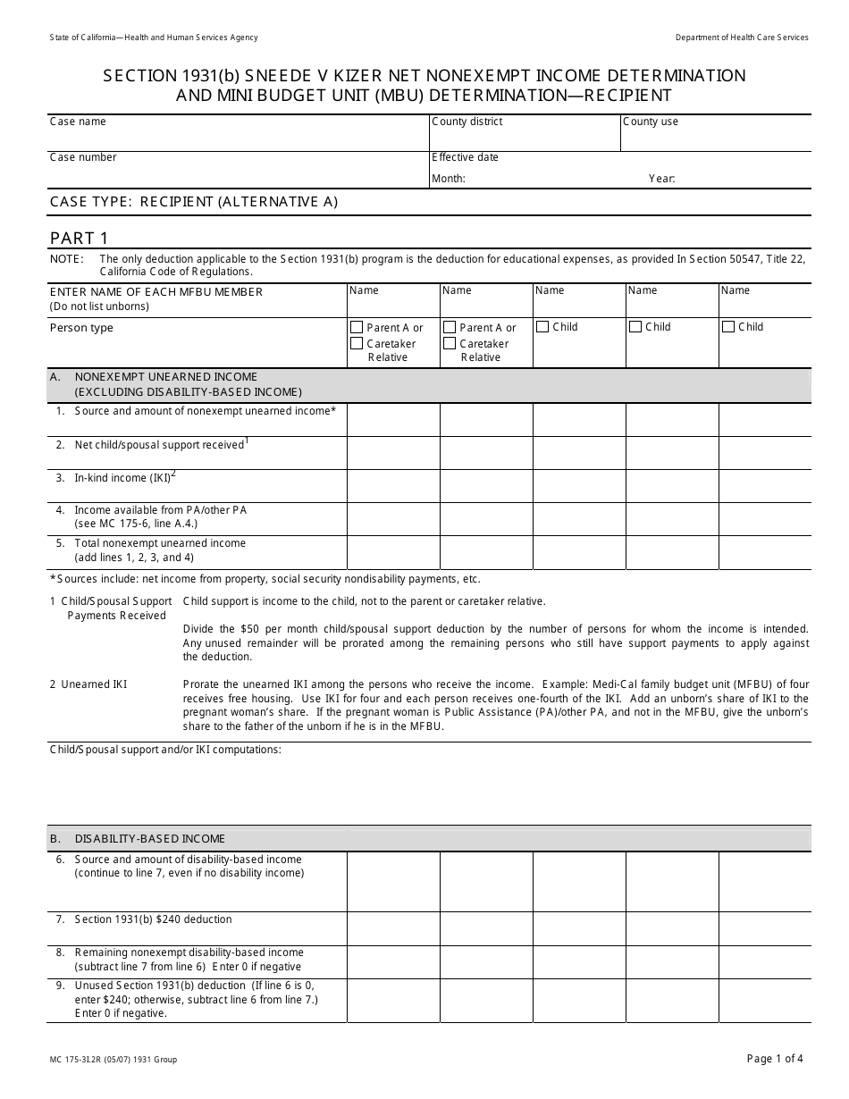 Form MC175-3I.2R Section 1931(B) Sneede V Kizer Net Nonexempt Income Determination and Mini Budget Unit (Mbu) Determination - Recipient - California, Page 1
