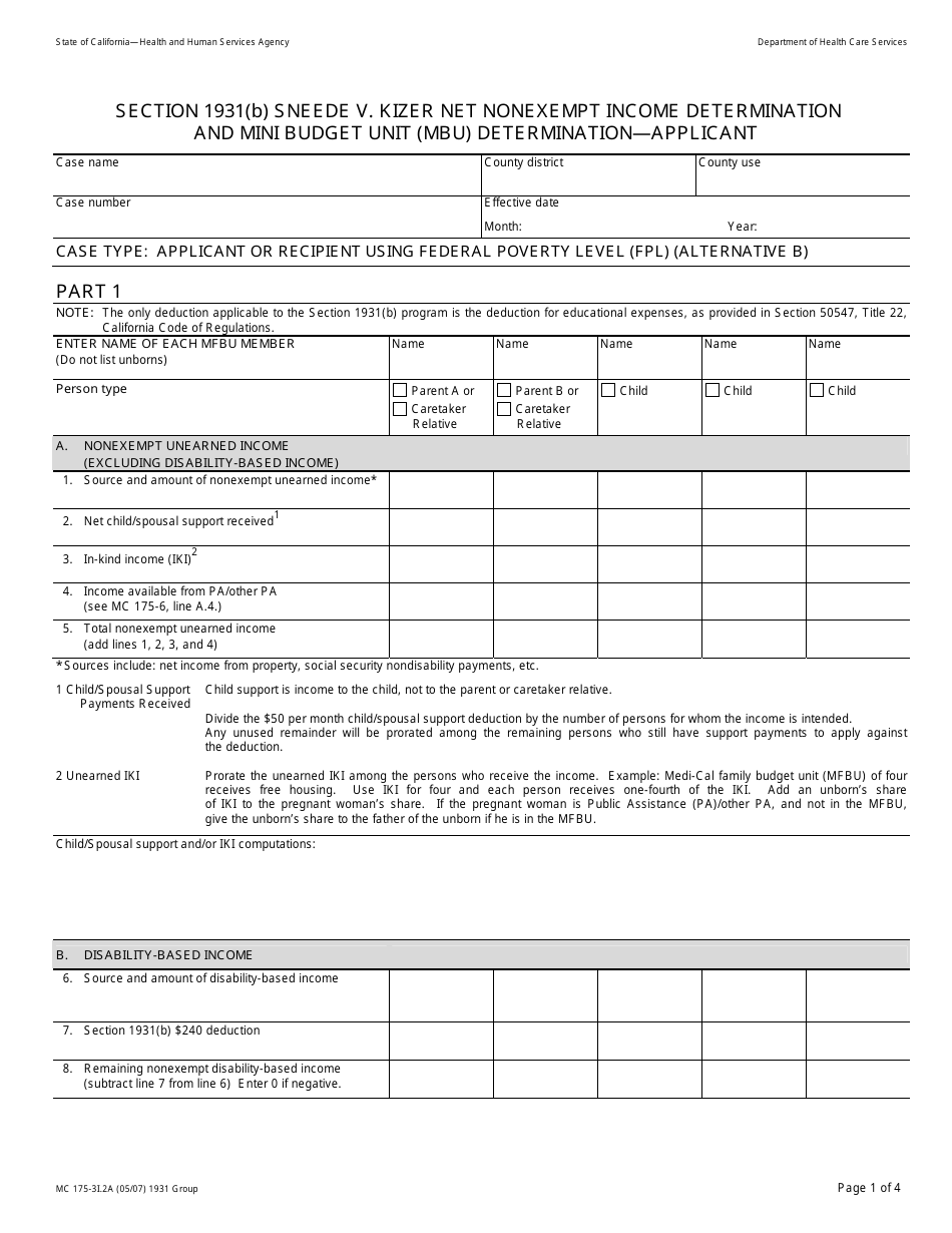 Form MC175-3I.2A Section 1931(B) Sneede V. Kizer Net Nonexempt Income Determination and Mini Budget Unit (Mbu) Determination - Applicant - California, Page 1