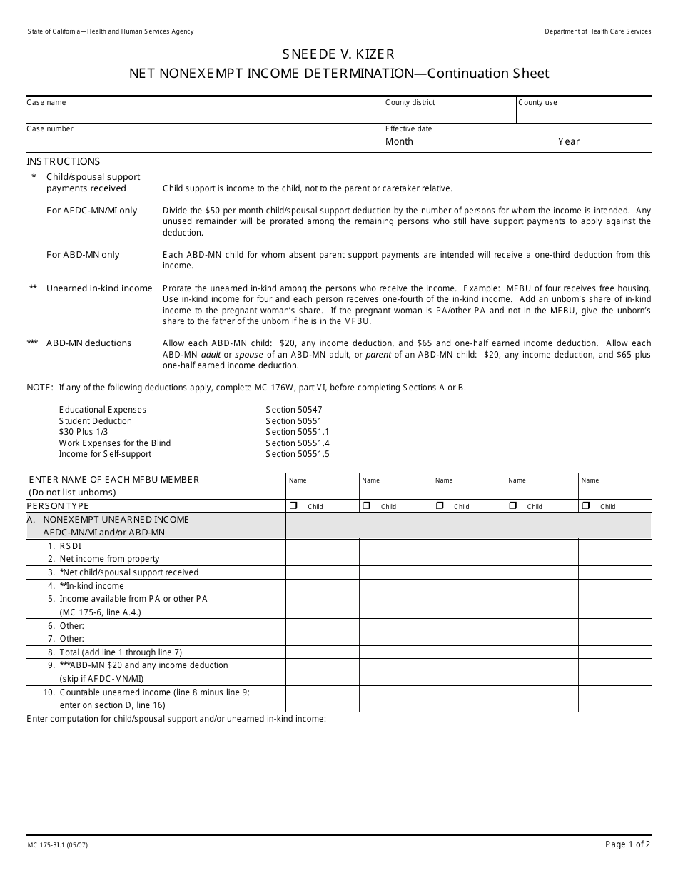 Form MC175-3I.1 Sneede V. Kizer Net Nonexempt Income Determination - Continuation Sheet - California, Page 1