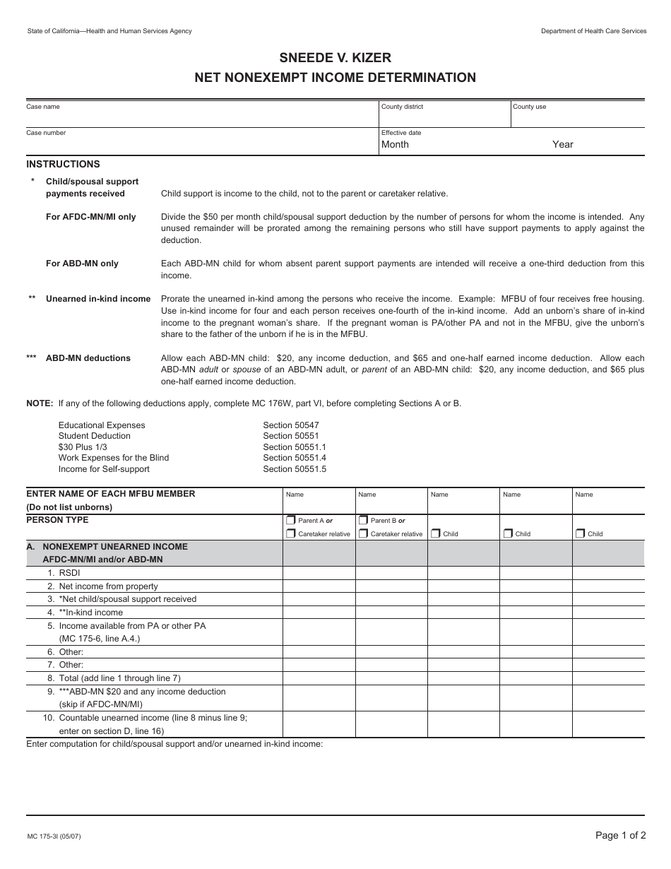 Form MC175-3I Sneede V. Kizer Net Nonexempt Income Determination - California, Page 1