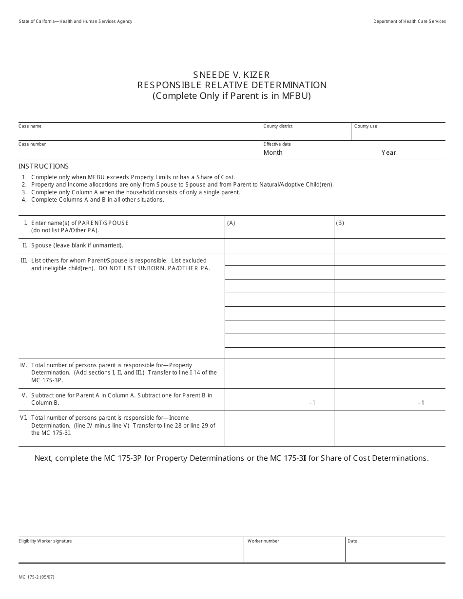 Form MC175-2 Sneede V. Kizer Responsible Relative Determination - California, Page 1