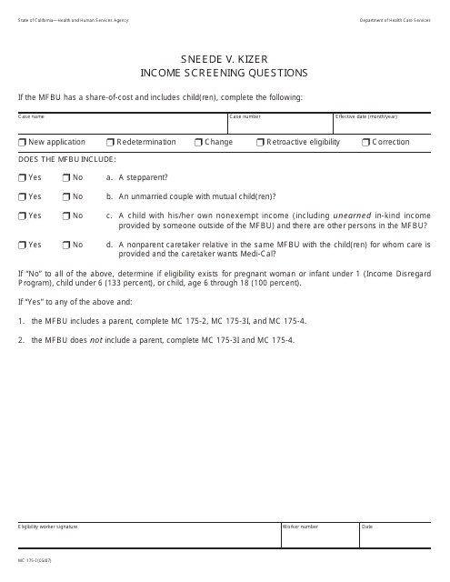 Form MC175-I Sneede V. Kizer Income Screening Questions - California