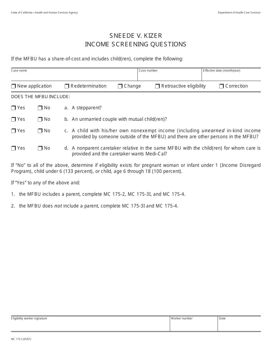 Form MC175-I Sneede V. Kizer Income Screening Questions - California, Page 1