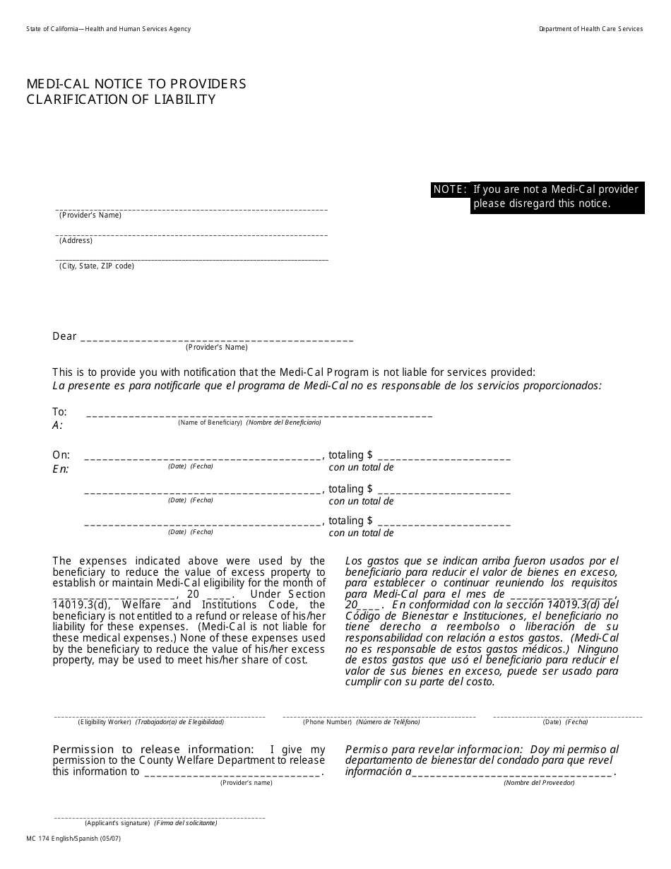 Form MC174 Medi-Cal Notice to Providers Clarification of Liability - California (English / Spanish), Page 1