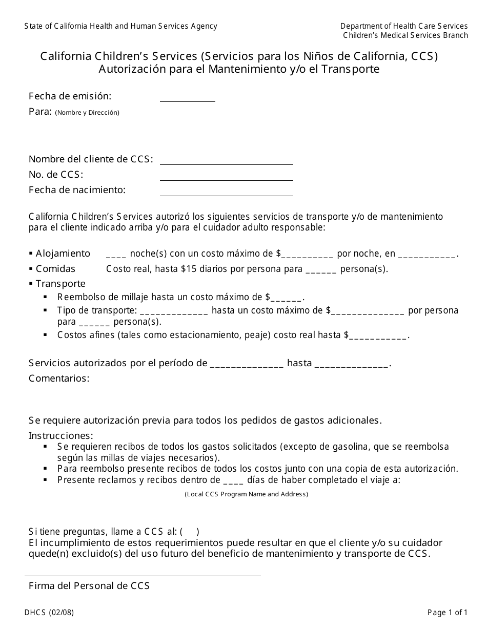 Formulario DHCS9086 Autorizacion Para El Mantenimiento Y / O El Transporte - California (Spanish), Page 1