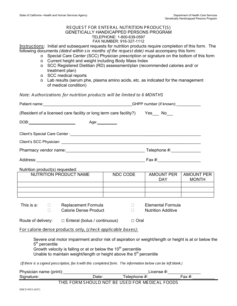 Form DHCS9053 Request for Enteral Nutrition Product(S) - California, Page 1