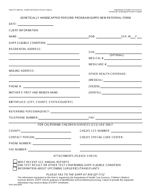 Form DHCS9052 Genetically Handicapped Persons Program (Ghpp) New Referral Form - California