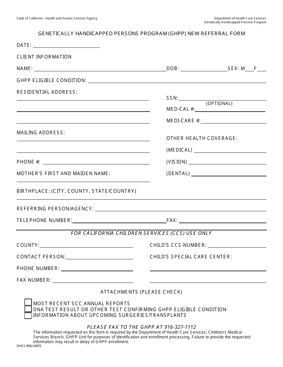 Form DHCS9052 Genetically Handicapped Persons Program (Ghpp) New Referral Form - California, Page 1