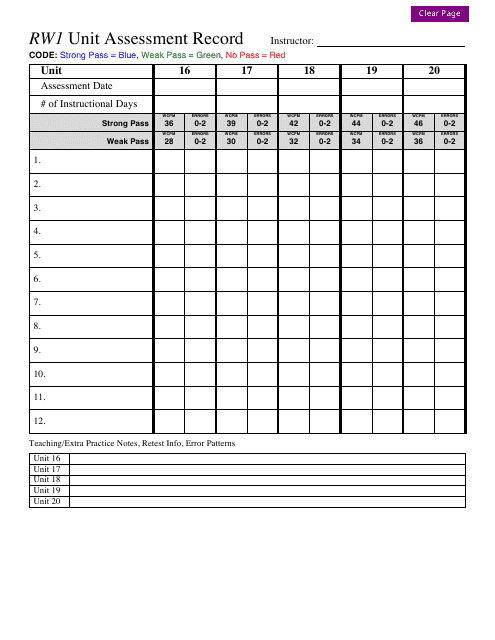 Rw1 Unit Assessment Record Template - Blue, Green, Red