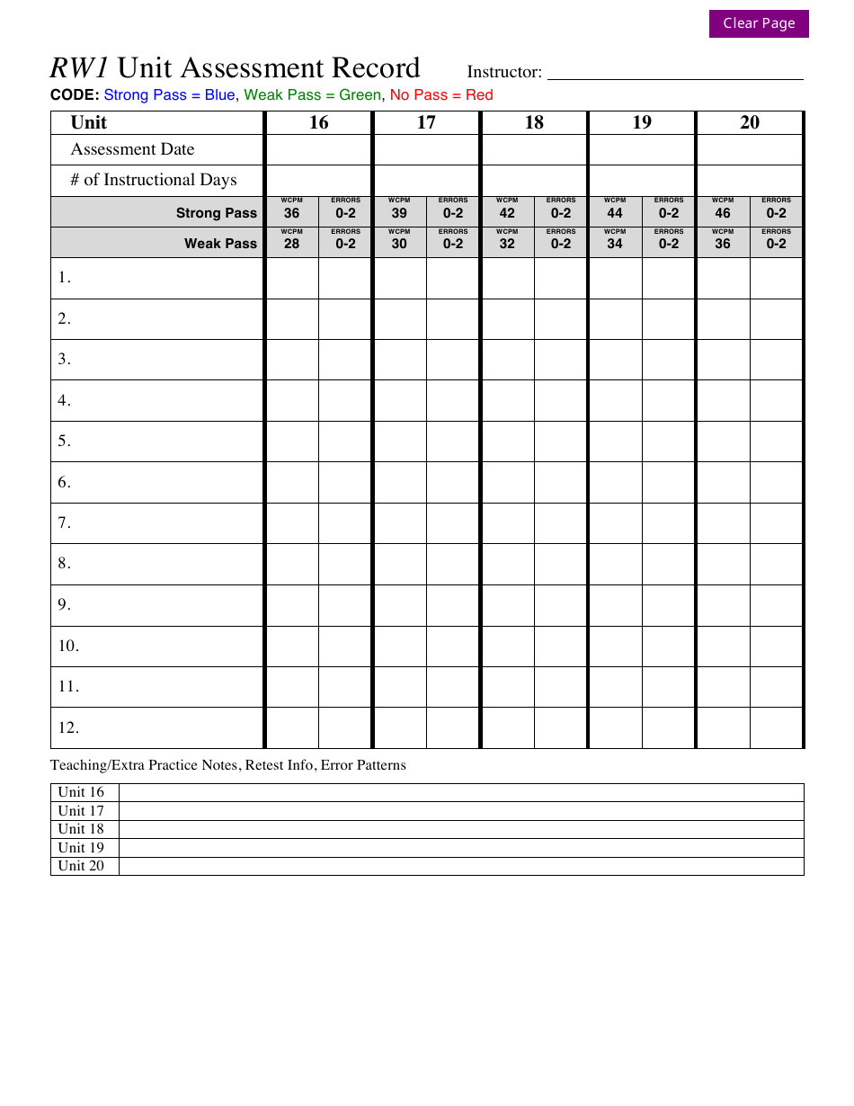 Rw1 Unit Assessment Record Template - Blue, Green, Red Download 