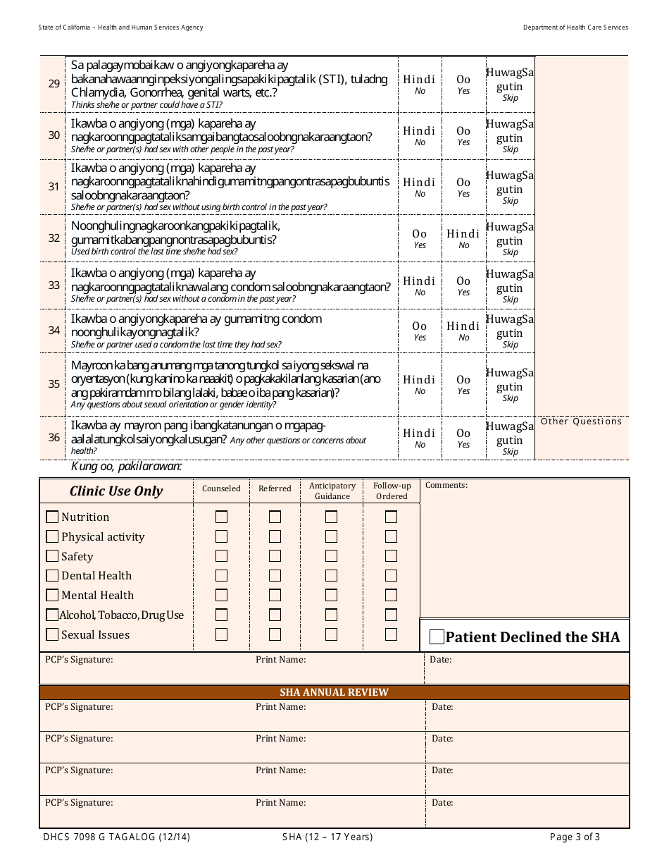 Form DHCS7098 G Staying Healthy Assessment: 12-17 Years - California (Tagalog), Page 3