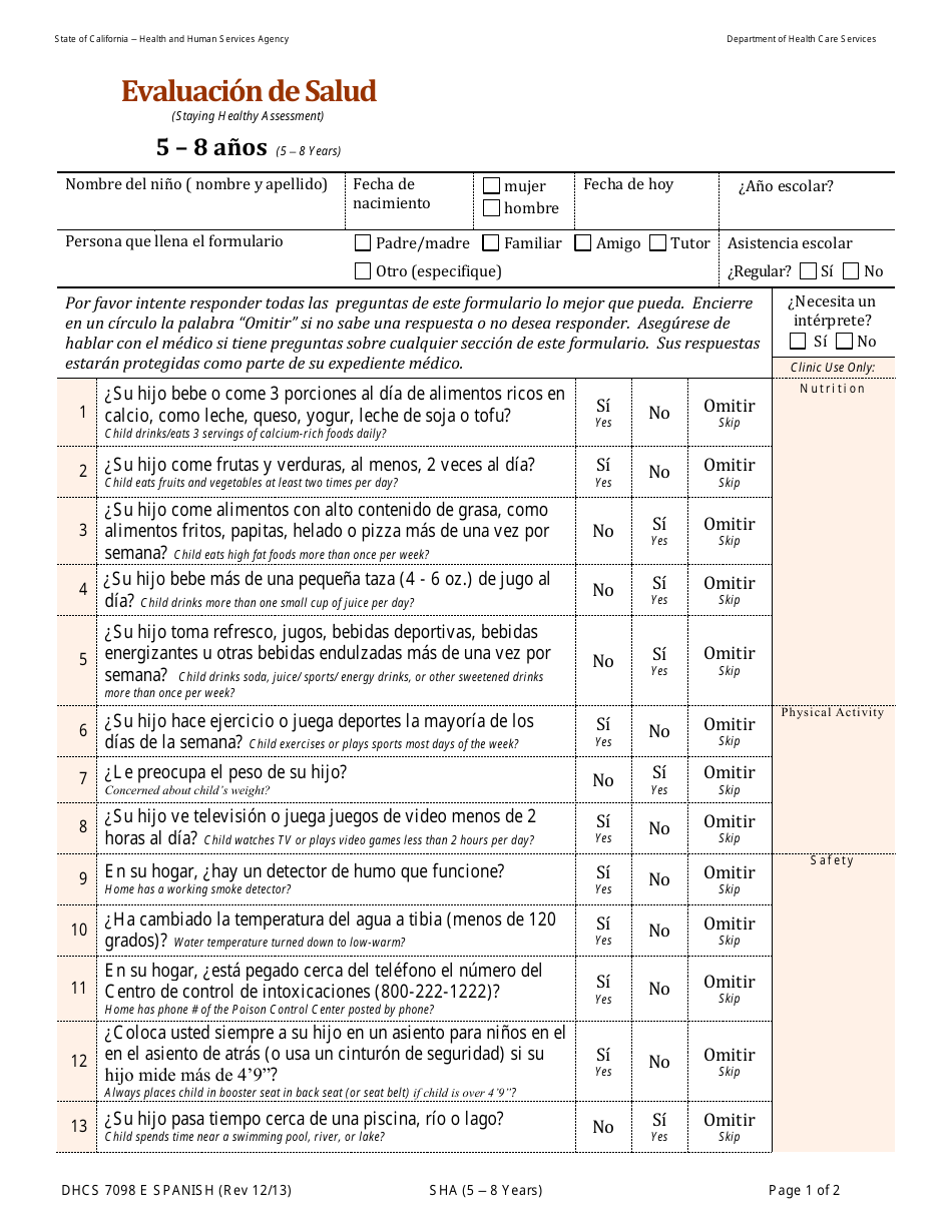 Formulario DHCS7098 E Evaluacion De Salud: 5 '8 Anos - California (Spanish), Page 1