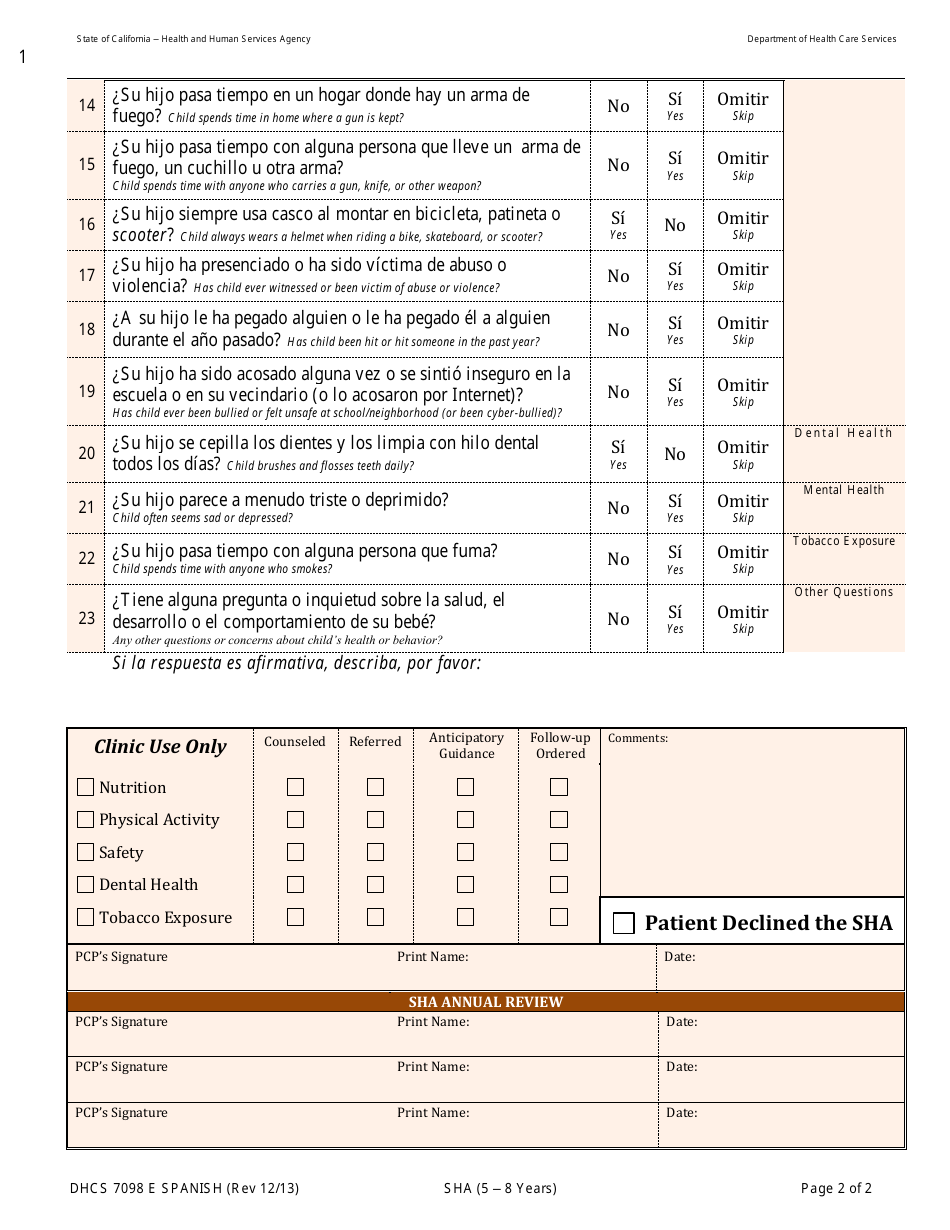 Formulario DHCS7098 E Evaluacion De Salud: 5 8 Anos - California (Spanish), Page 2