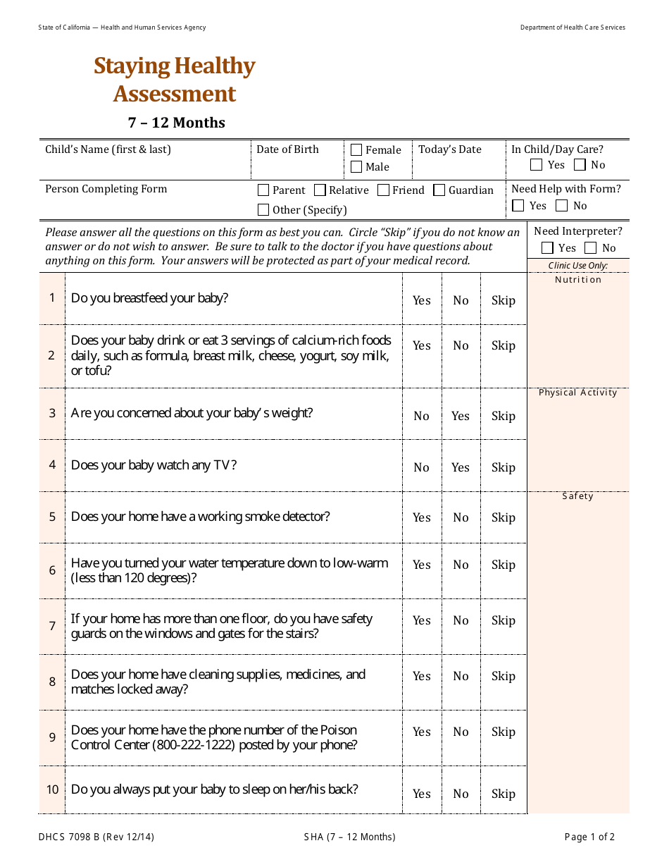 Form DHCS7098 B Fill Out, Sign Online and Download Printable PDF