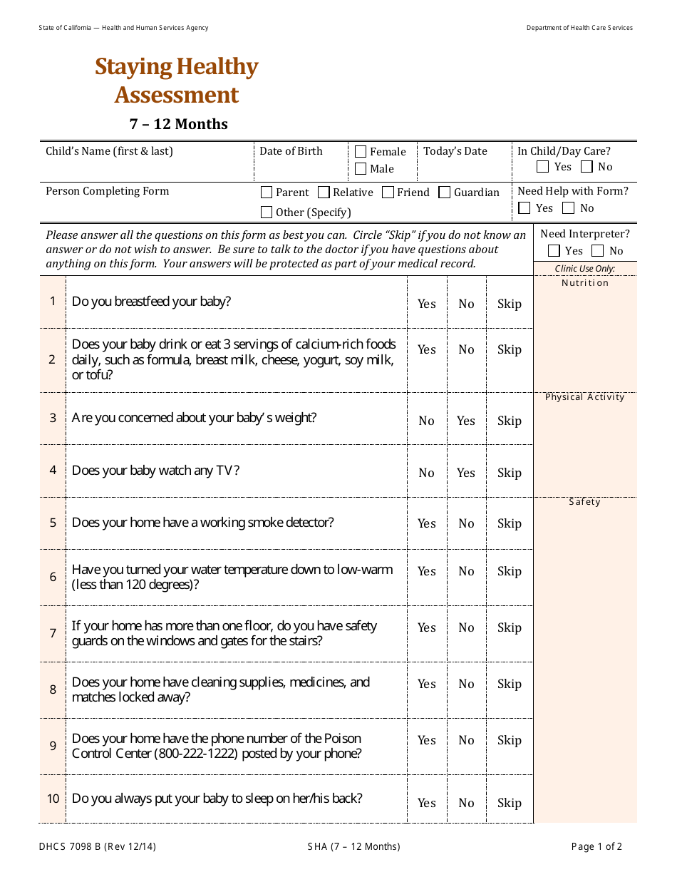 Form DHCS7098 B Staying Healthy Assessment: 7-12 Months - California, Page 1