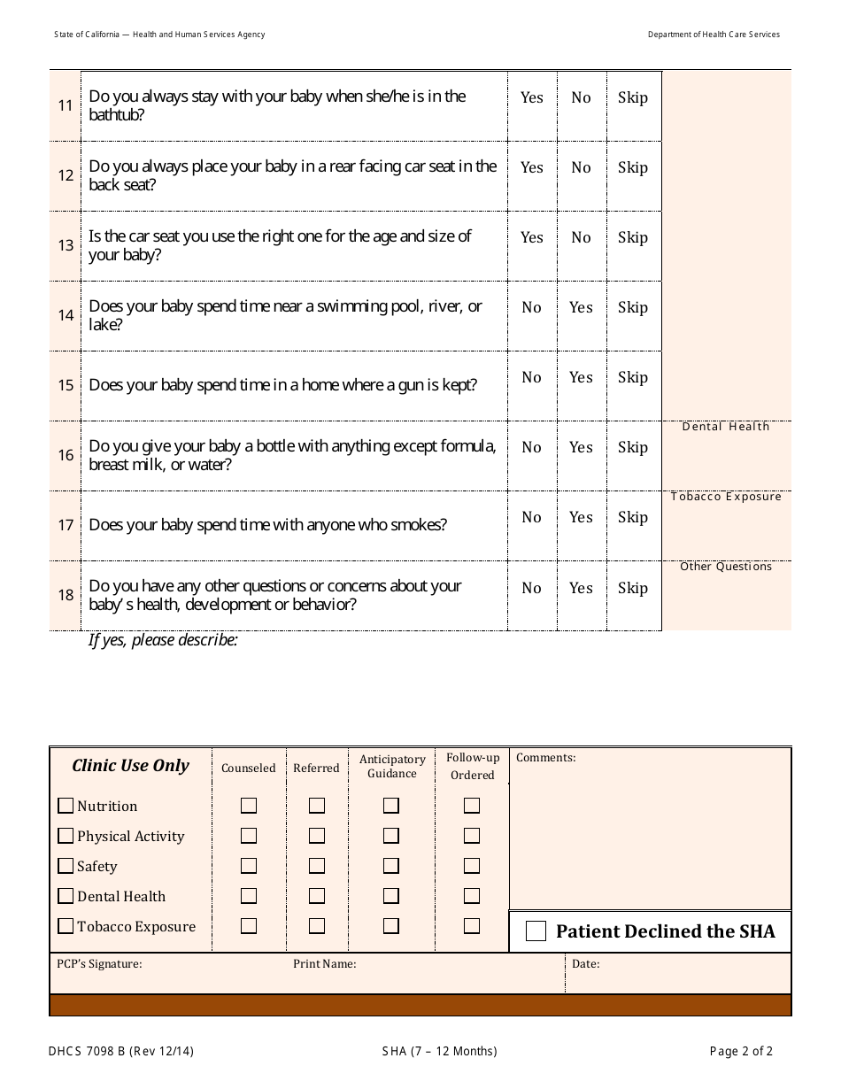 Form DHCS7098 B Staying Healthy Assessment: 7-12 Months - California, Page 2