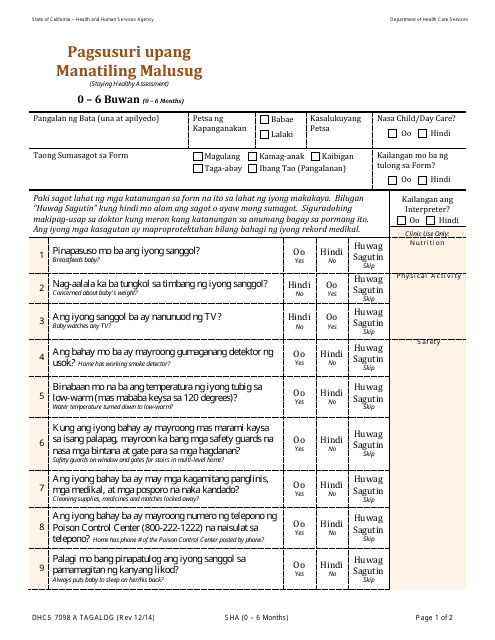 Form DHCS7098 A Staying Healthy Assessment: 0-6 Months - California (Tagalog)