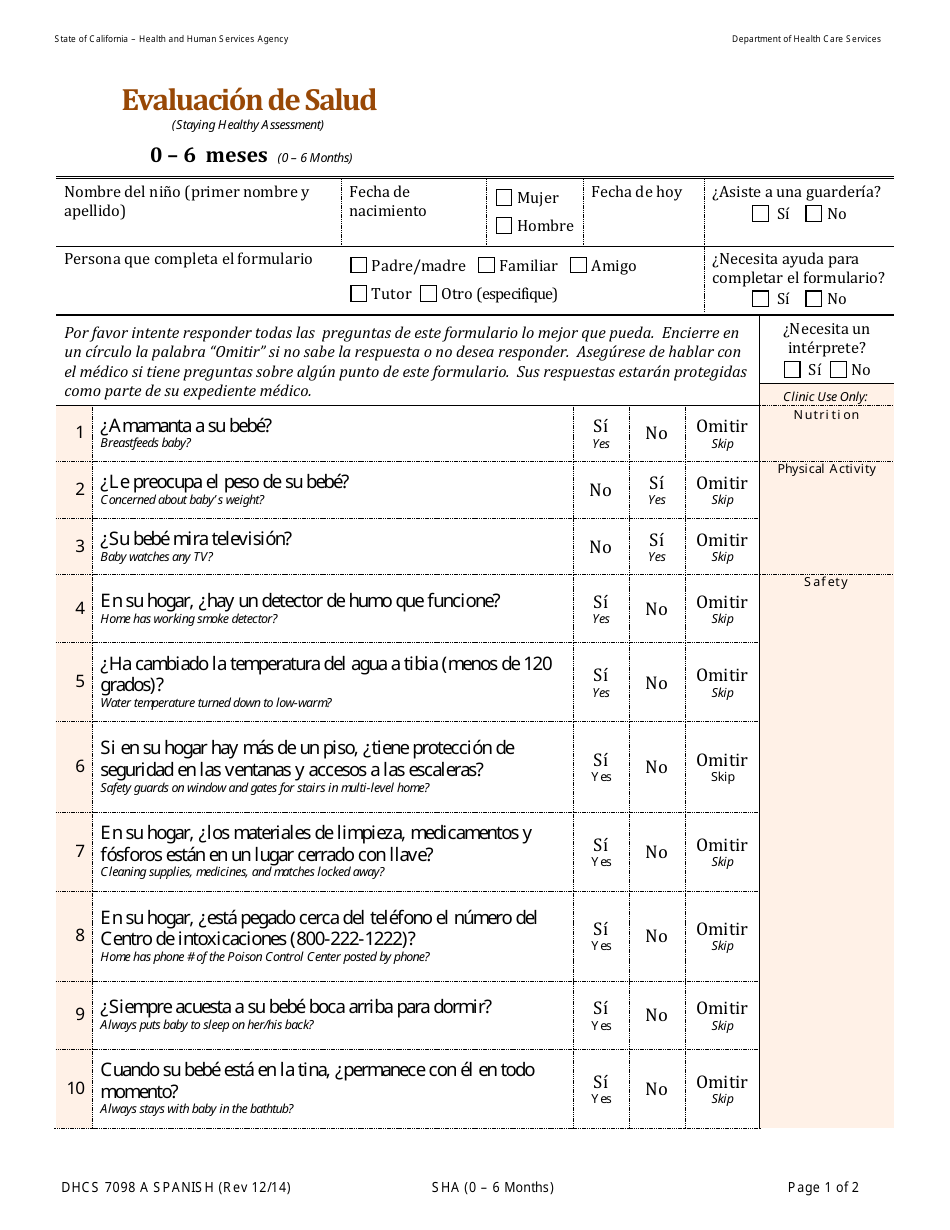 Formulario DHCS7098 A Evaluacion De Salud: 0-6 Meses - California (Spanish), Page 1