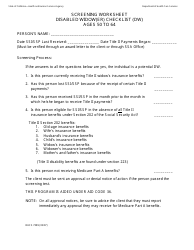 Document preview: Form DHCS7089 Screening Worksheet Disabled Widow(Er) Checklist (Dw) Ages 50 to 64 - California