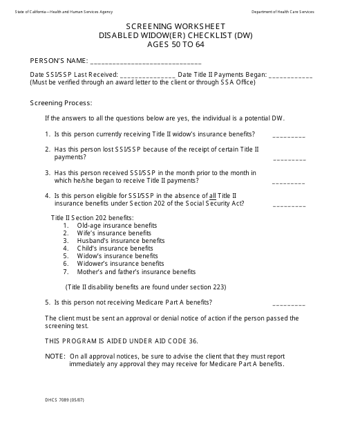 Form DHCS7089 Screening Worksheet Disabled Widow(Er) Checklist (Dw) Ages 50 to 64 - California