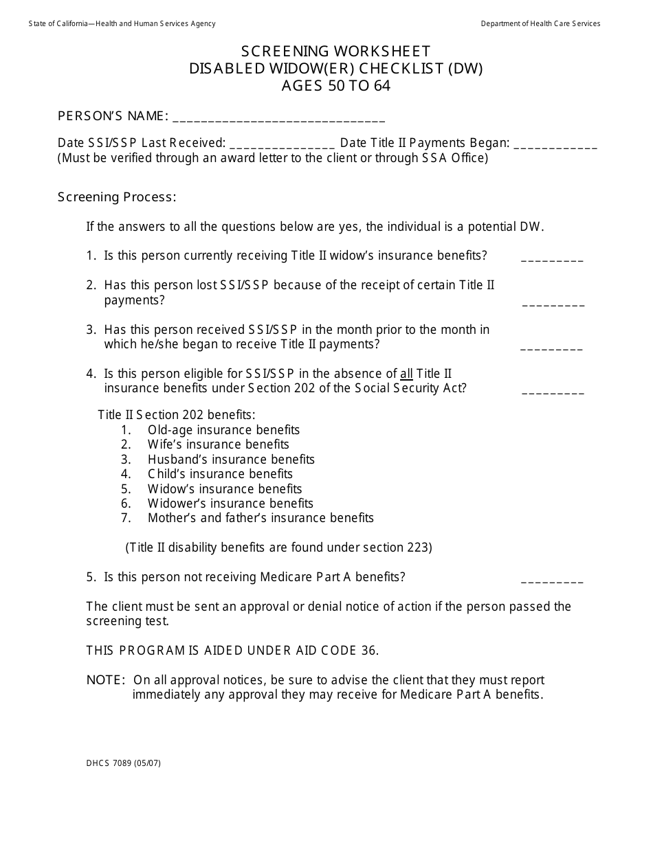 Form DHCS7089 Screening Worksheet Disabled Widow(Er) Checklist (Dw) Ages 50 to 64 - California, Page 1