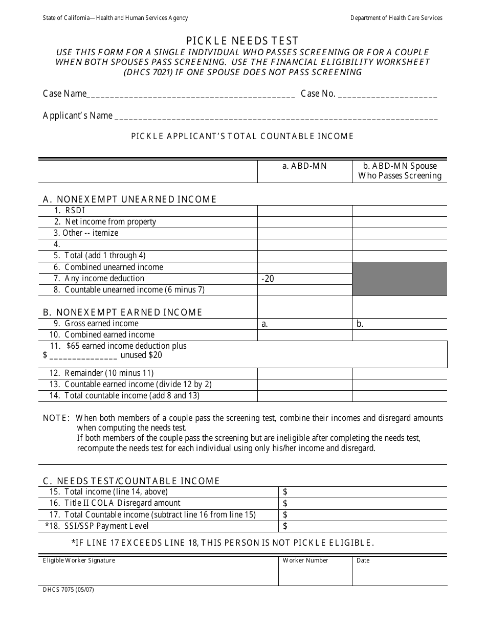 Form DHCS7075 Pickle Needs Test - California, Page 1