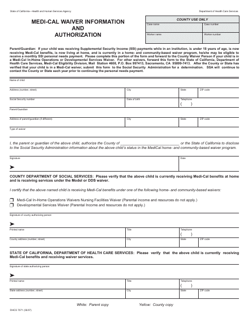Form DHCS7071 Medi-Cal Waiver Information and Authorization - California