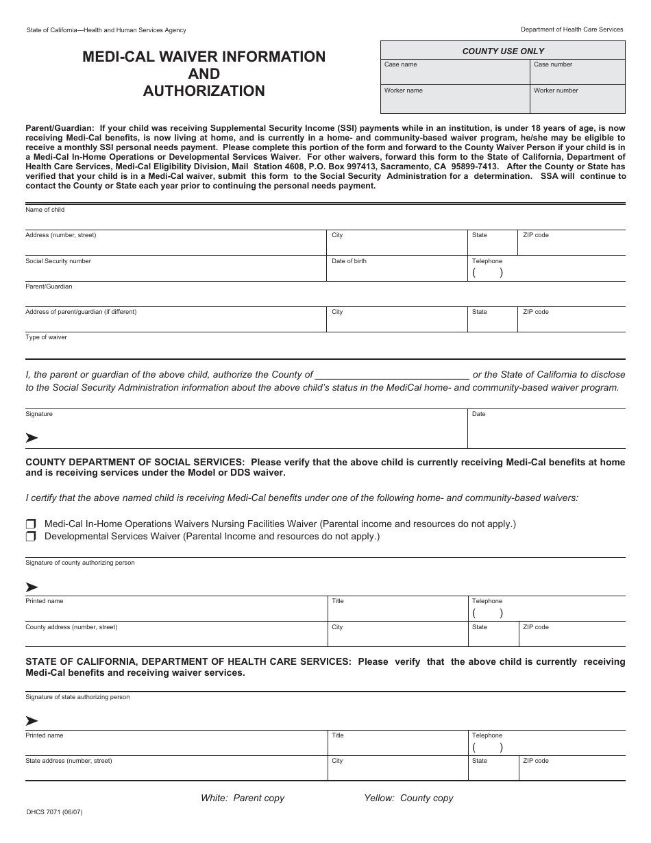 Form DHCS7071 Medi-Cal Waiver Information and Authorization - California, Page 1