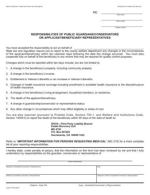 Form DHCS7068 Responsibilities of Public Guardians/Conservators or Applicant/Beneficiary Representatives - California