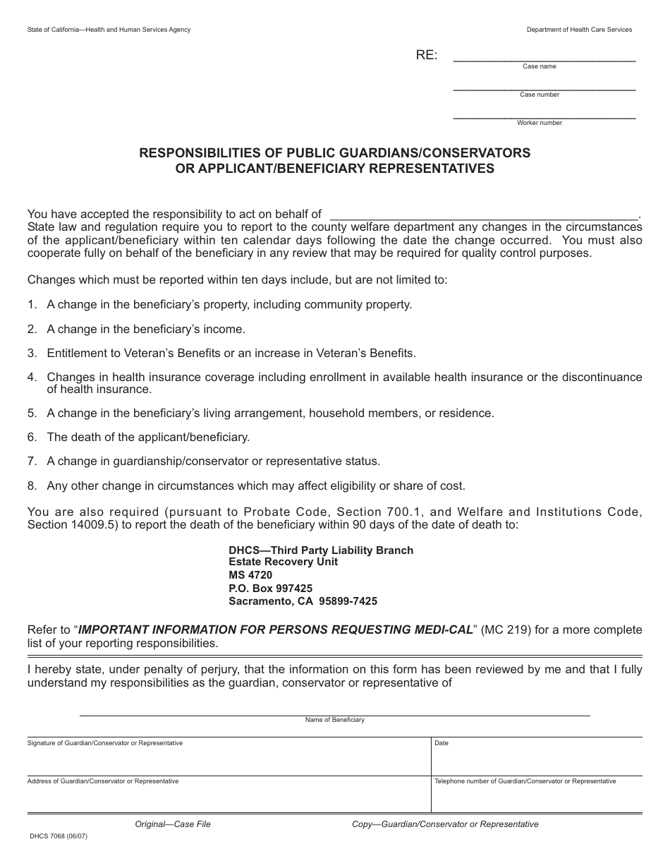 Form DHCS7068 Responsibilities of Public Guardians / Conservators or Applicant / Beneficiary Representatives - California, Page 1