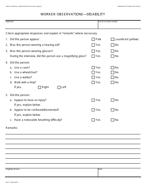 Form DHCS7045 Worker Observations - Disability - California