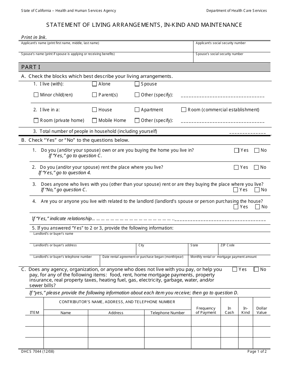 Form DHCS7044 Statement of Living Arrangements, in-Kind and Maintenance - California, Page 1