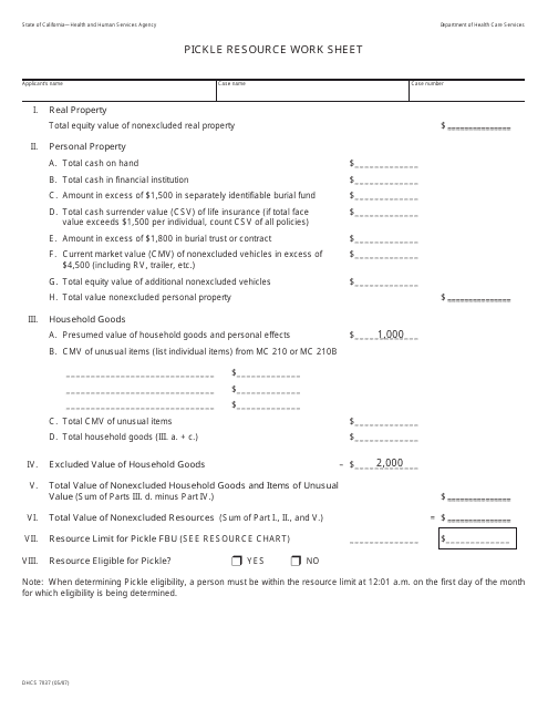 Form DHCS7037 Pickle Resource Work Sheet - California