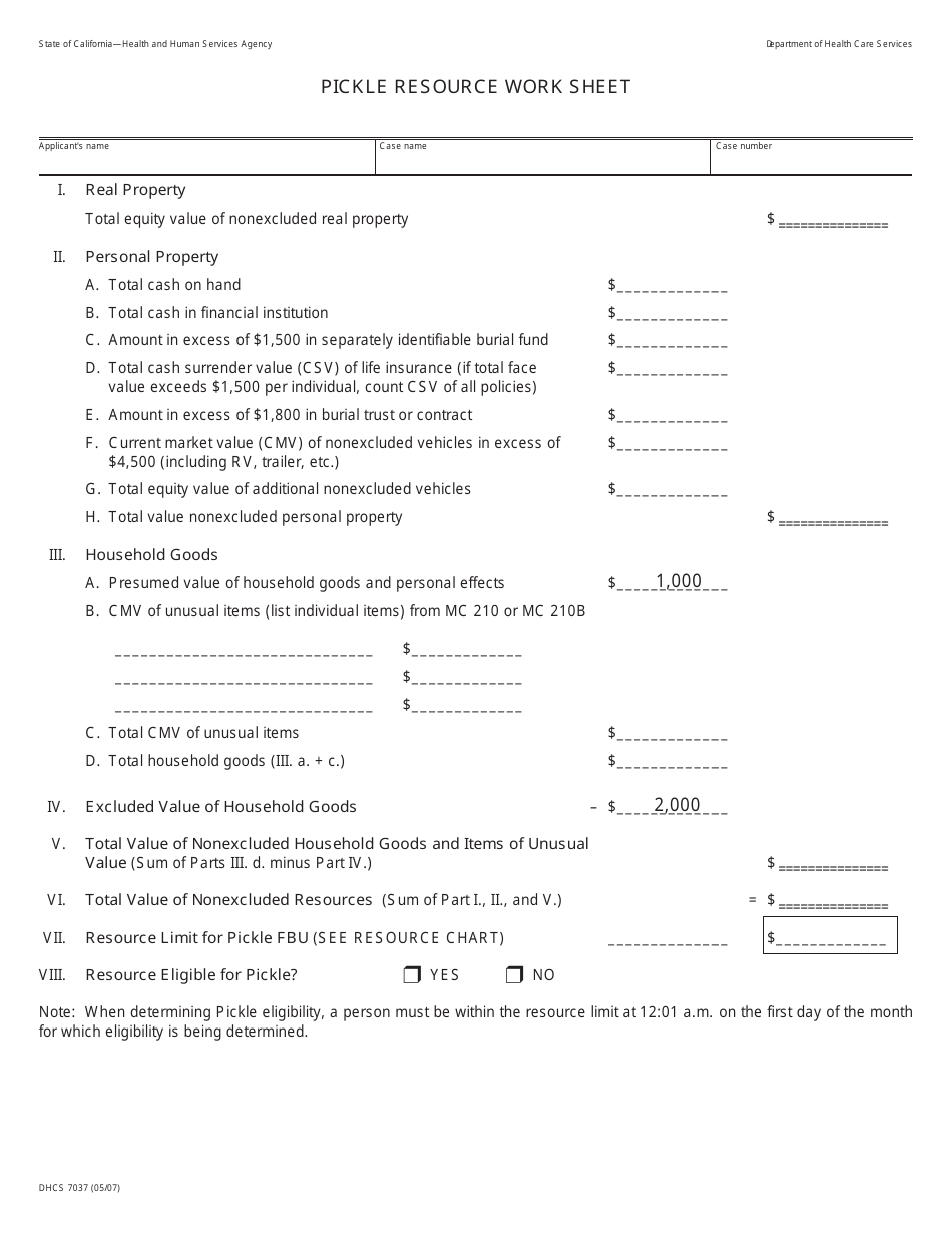 Form DHCS7037 Pickle Resource Work Sheet - California, Page 1