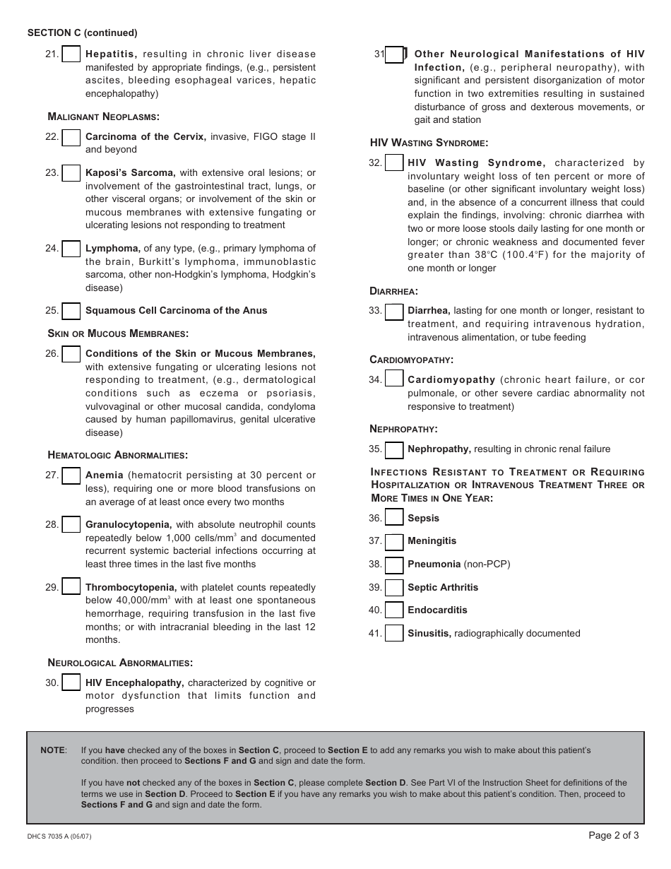 Form DHCS7035 A Medical Report on Adult With Allegation of Human Immunodeficiency Virus (HIV) Infection - California, Page 4