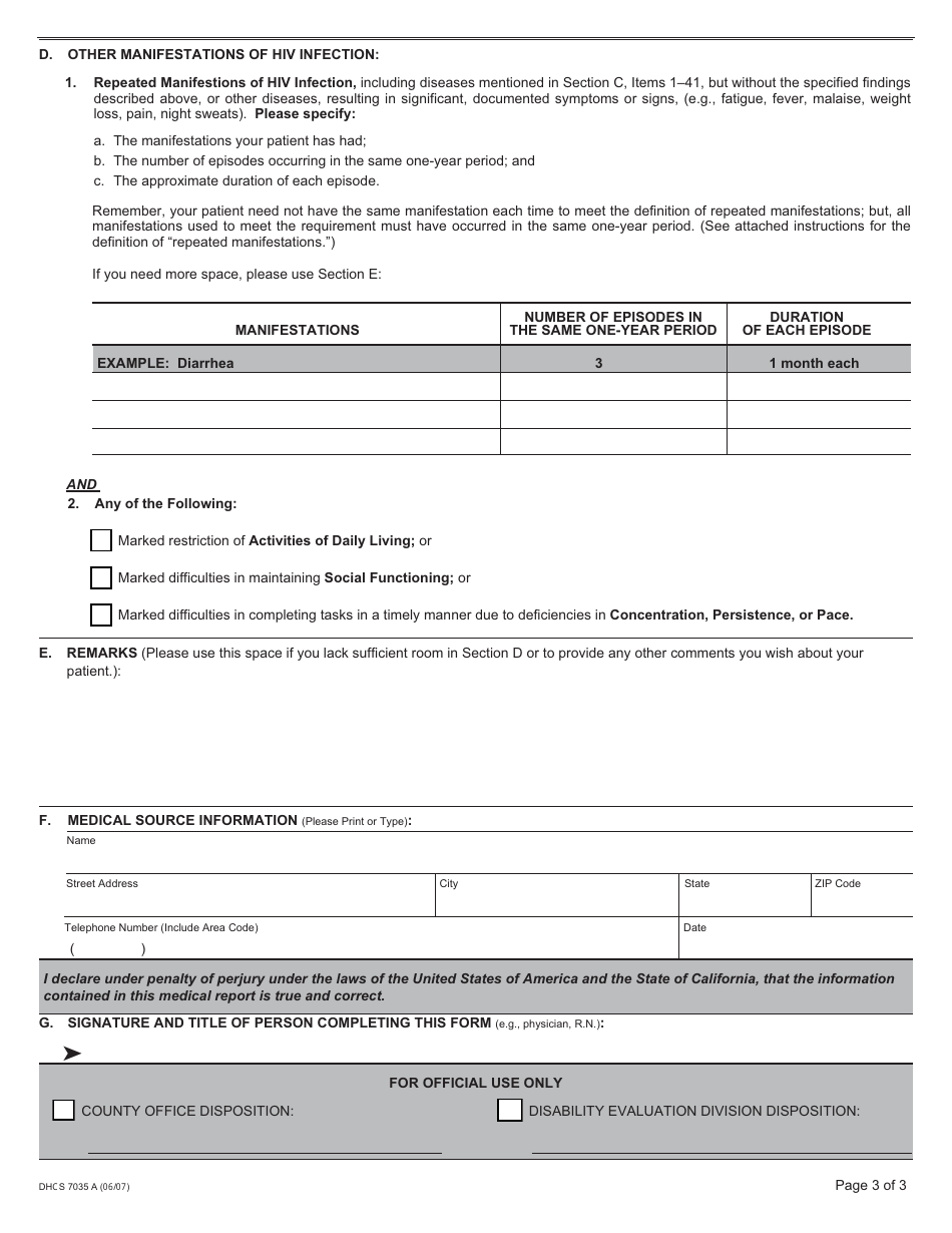 Form DHCS7035 A Medical Report on Adult With Allegation of Human Immunodeficiency Virus (HIV) Infection - California, Page 5