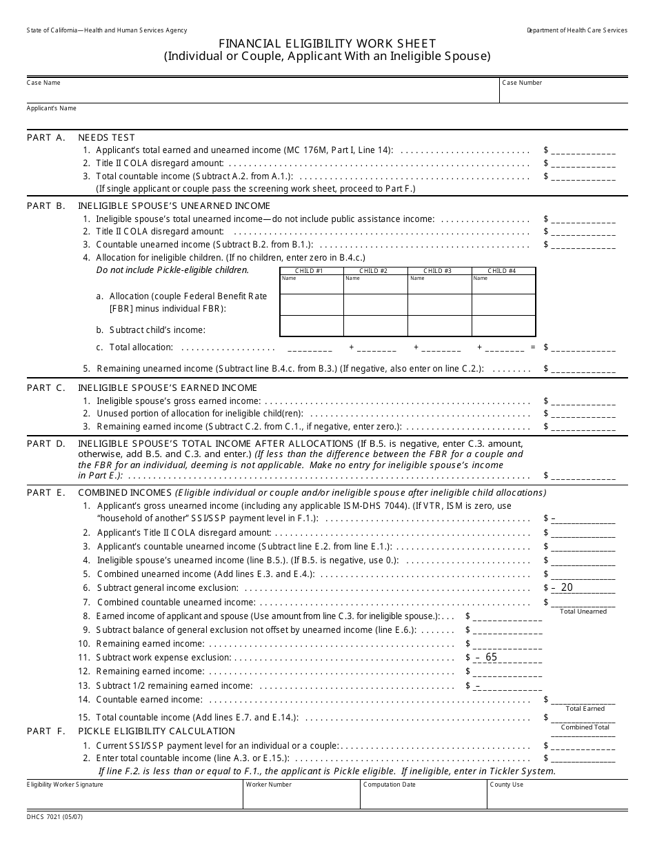 Form DHCS7021 Financial Eligibility Work Sheet - California, Page 1