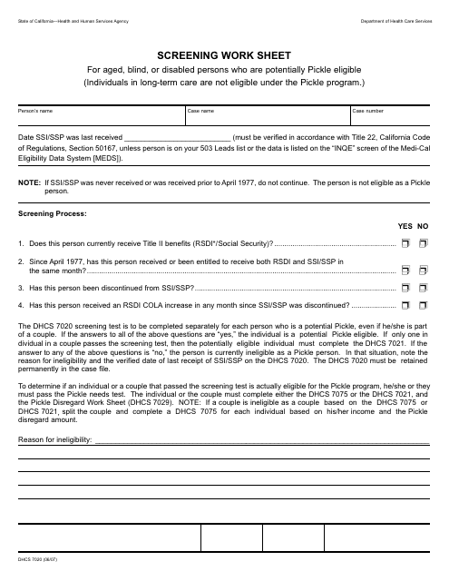 Form DHCS7020 Screening Work Sheet - California