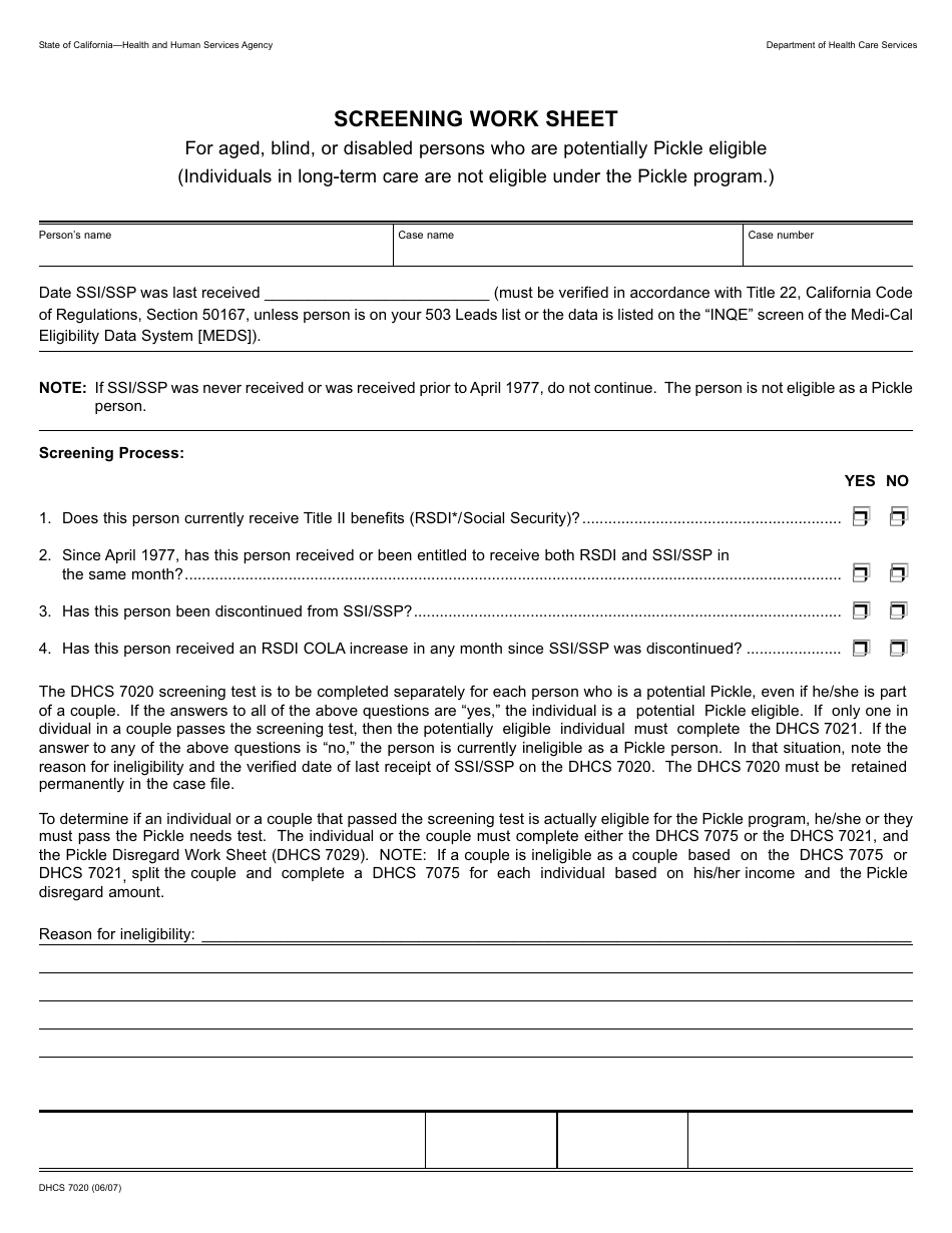 Form DHCS7020 Screening Work Sheet - California, Page 1