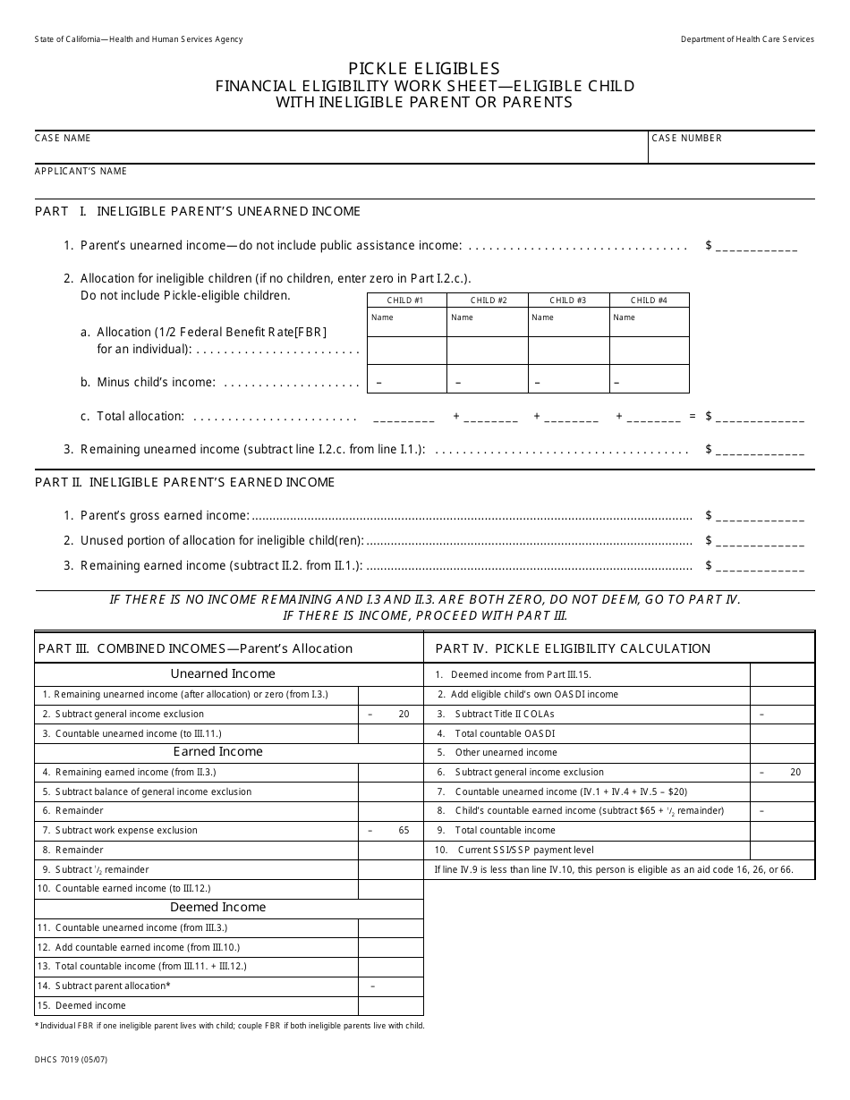 Form DHCS7019 Pickle Eligibles Financial Eligibility Work Sheet - Eligible Child With Ineligible Parent or Parents - California, Page 1