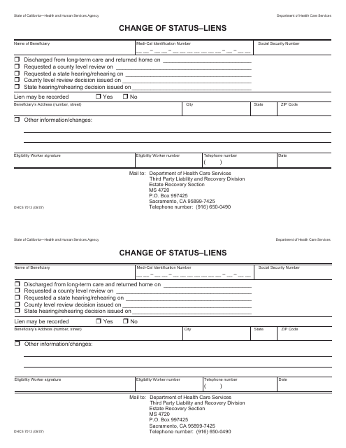 Form DHCS7013  Printable Pdf