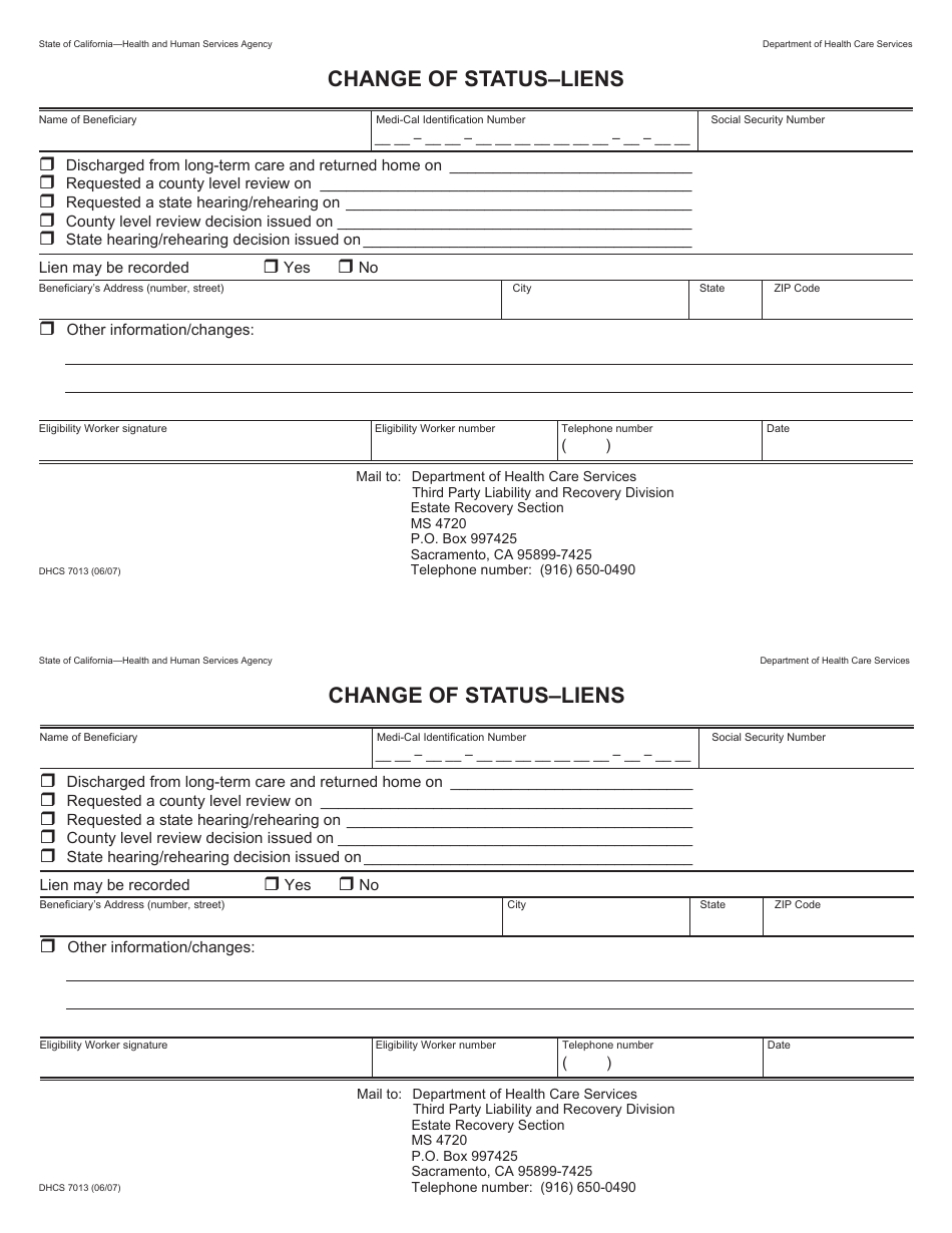 Form DHCS7013 Change of Status Liens - California, Page 1