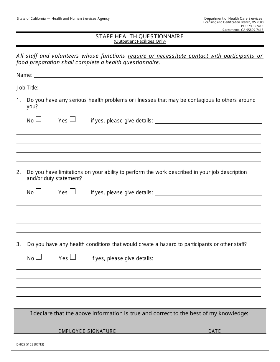 Form DHCS5105 Staff Health Questionnaire - California, Page 1