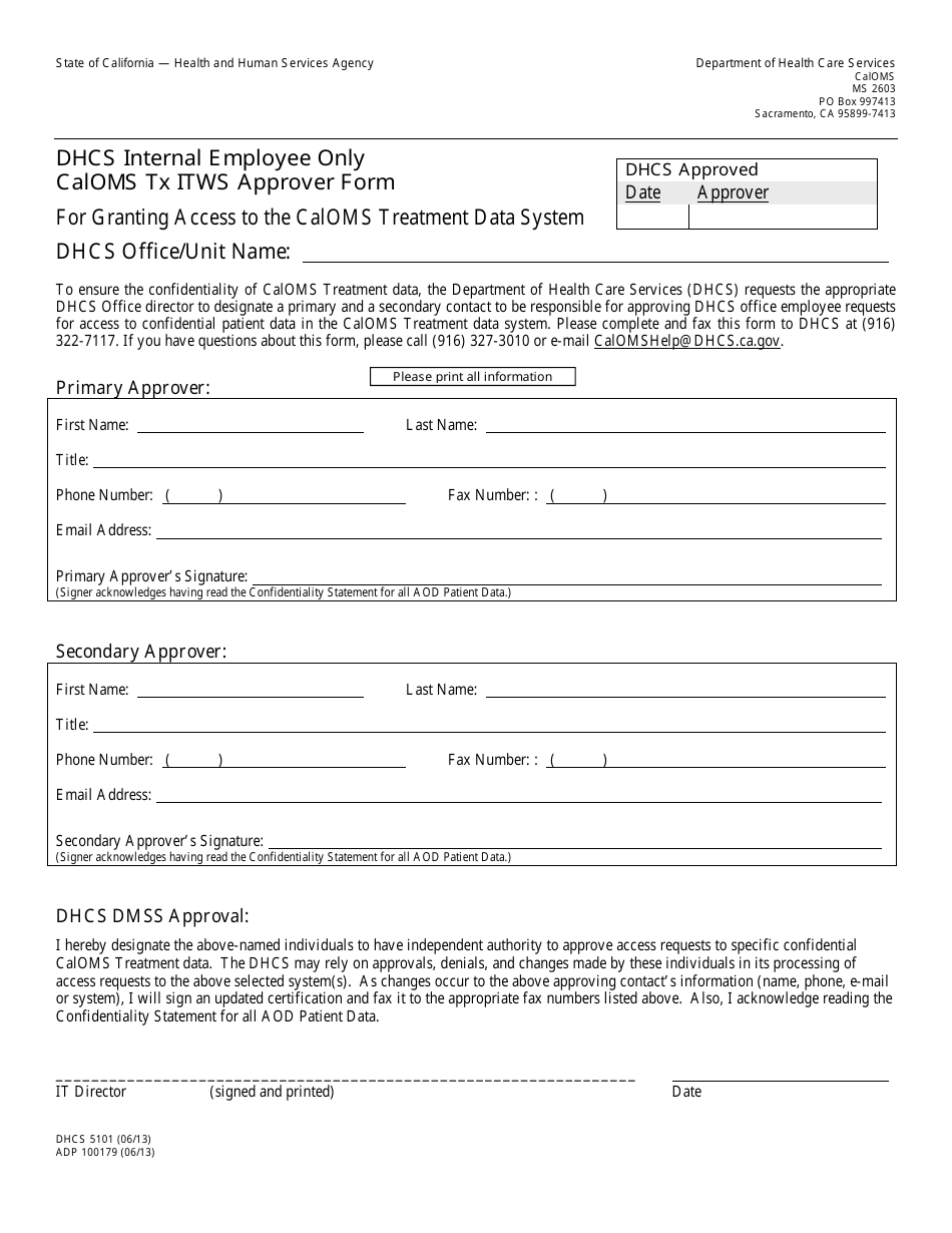 Form DHCS5101 (ADP100179) Caloms Tx Itws Approver Form - California, Page 1
