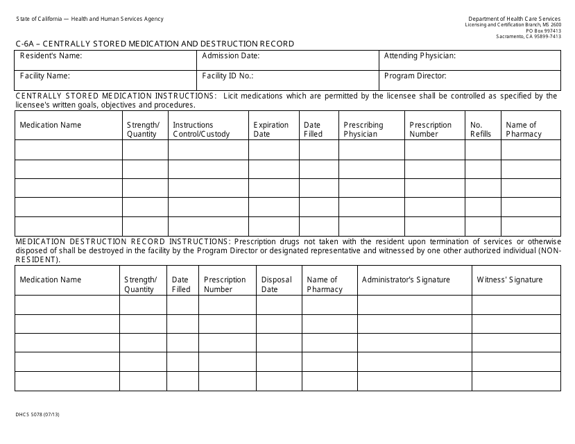 Form DHCS5078 Centrally Stored Medication and Destruction Record - California