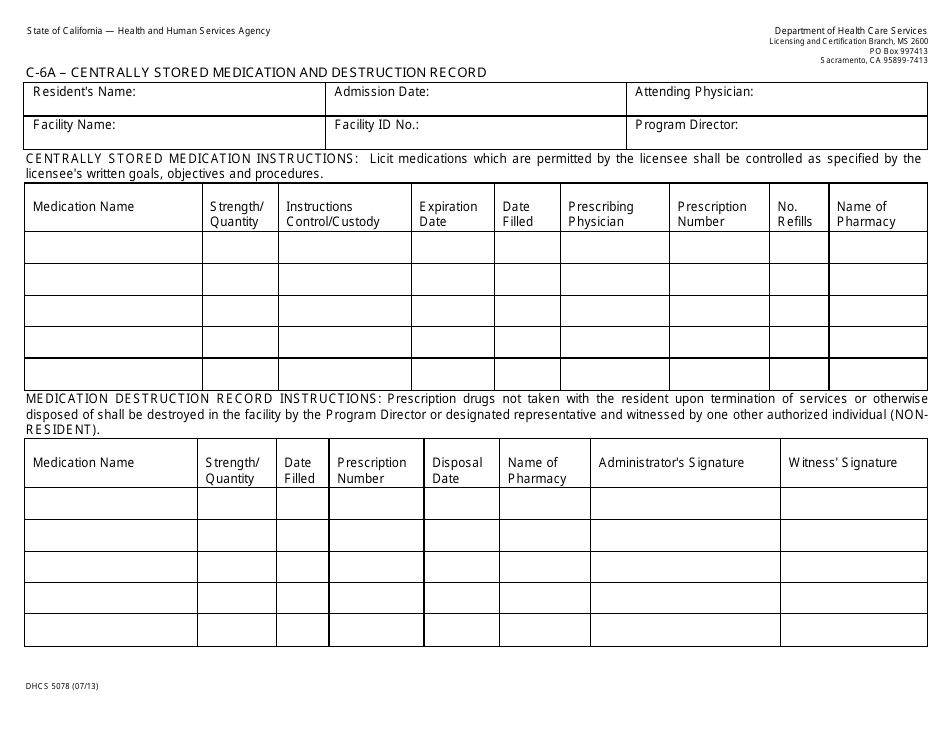 Form DHCS5078 Centrally Stored Medication and Destruction Record - California, Page 1